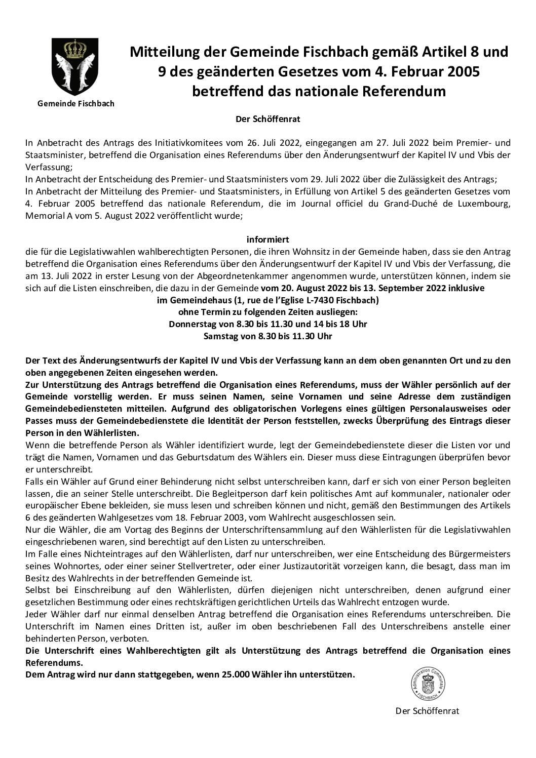 Communication de la Commune de Fischbach sur base des articles 8 et 9 de la loi modifiée du 4 février 2005 relative au référendum au niveau national