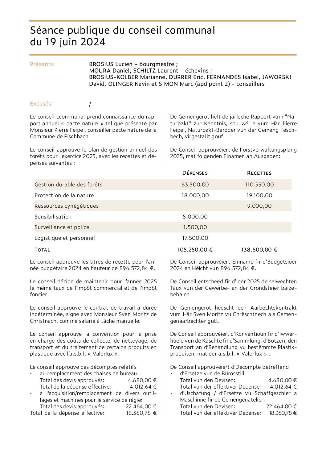 Séance publique du conseil communal du 19 juin 2024