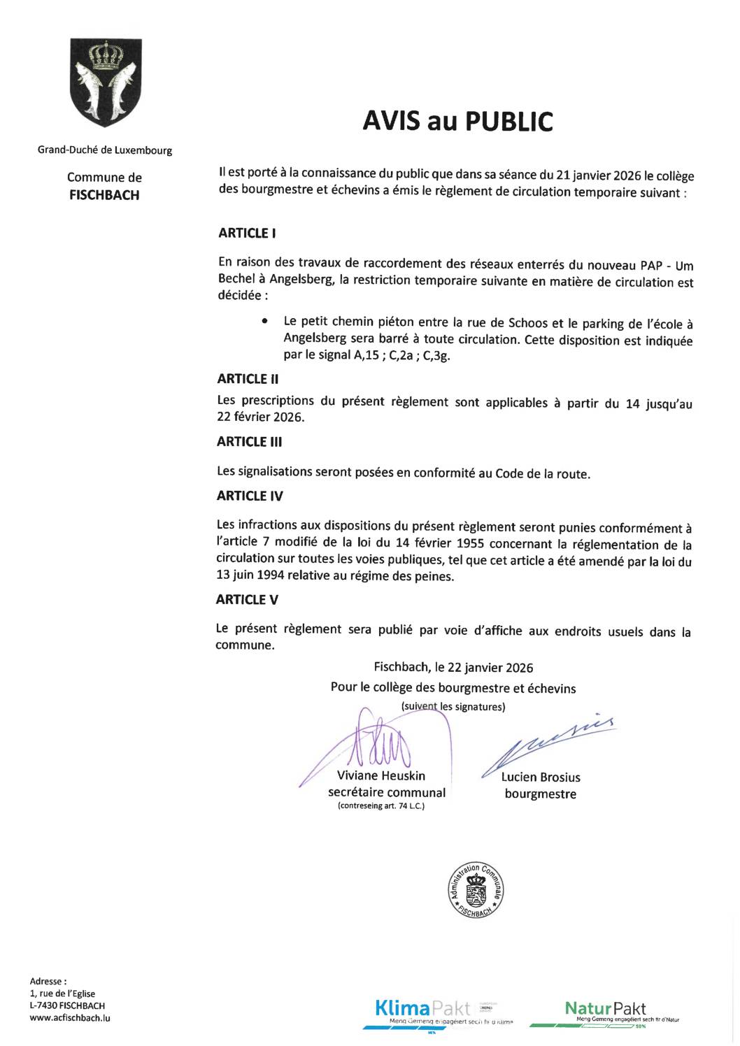 Règlement de circulation temporaire à Angelsberg