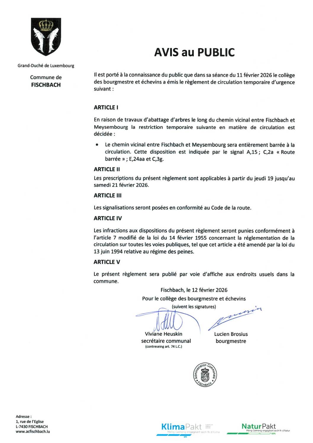 Règlement de circulation temporaire entre Fischbach et Meysembourg