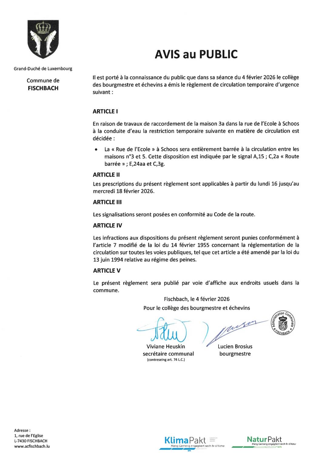 Règlement de circulation temporaire à Schoos