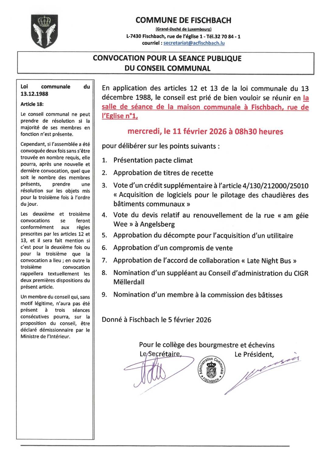 Conseil communal le 11 février 2025