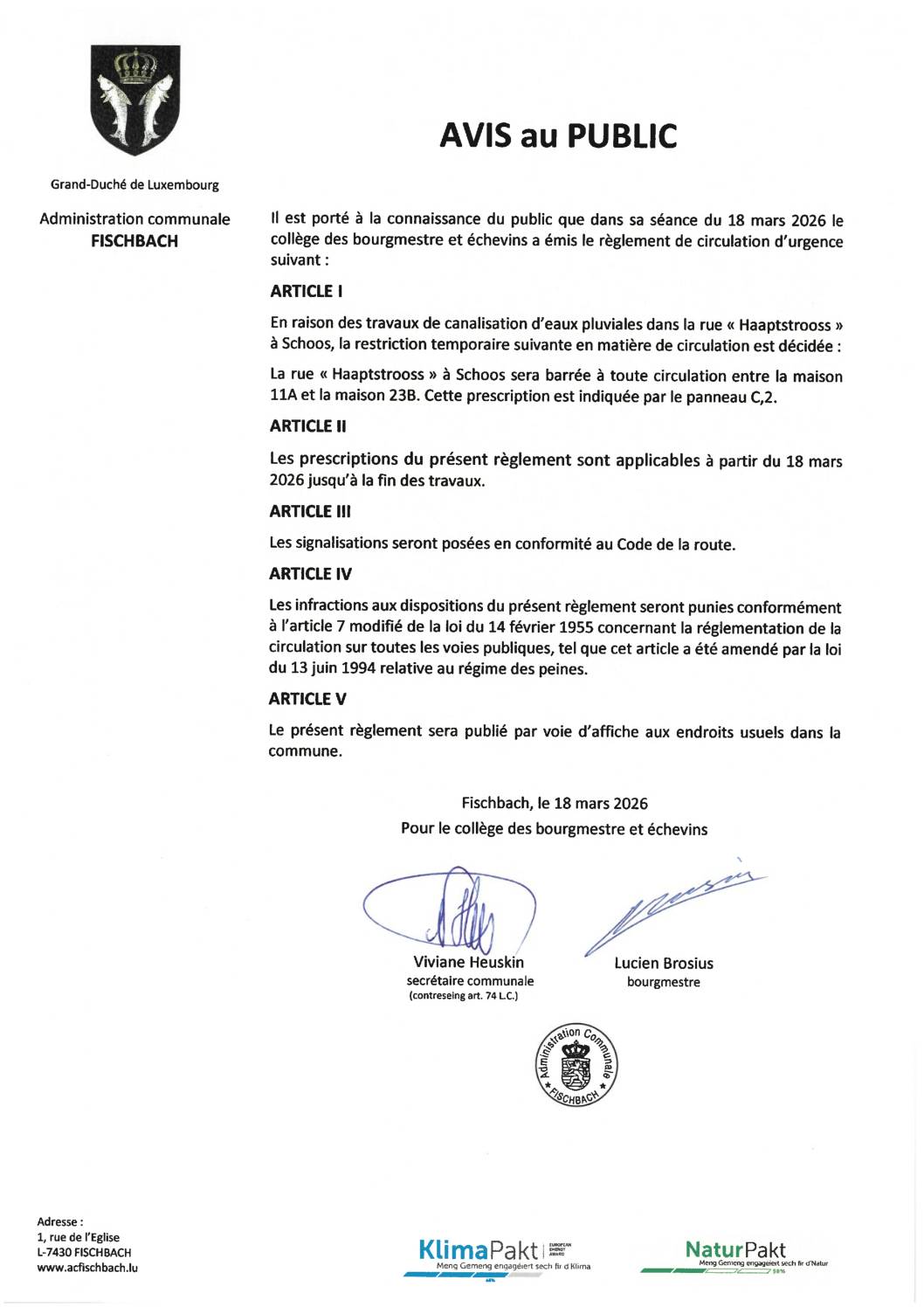 Règlement de circulation Haapstrooss à Schoos