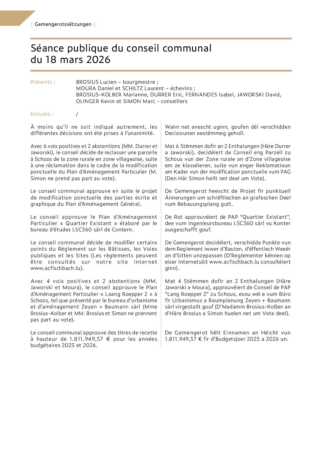 Séance publique du conseil communal du 18 mars 2026