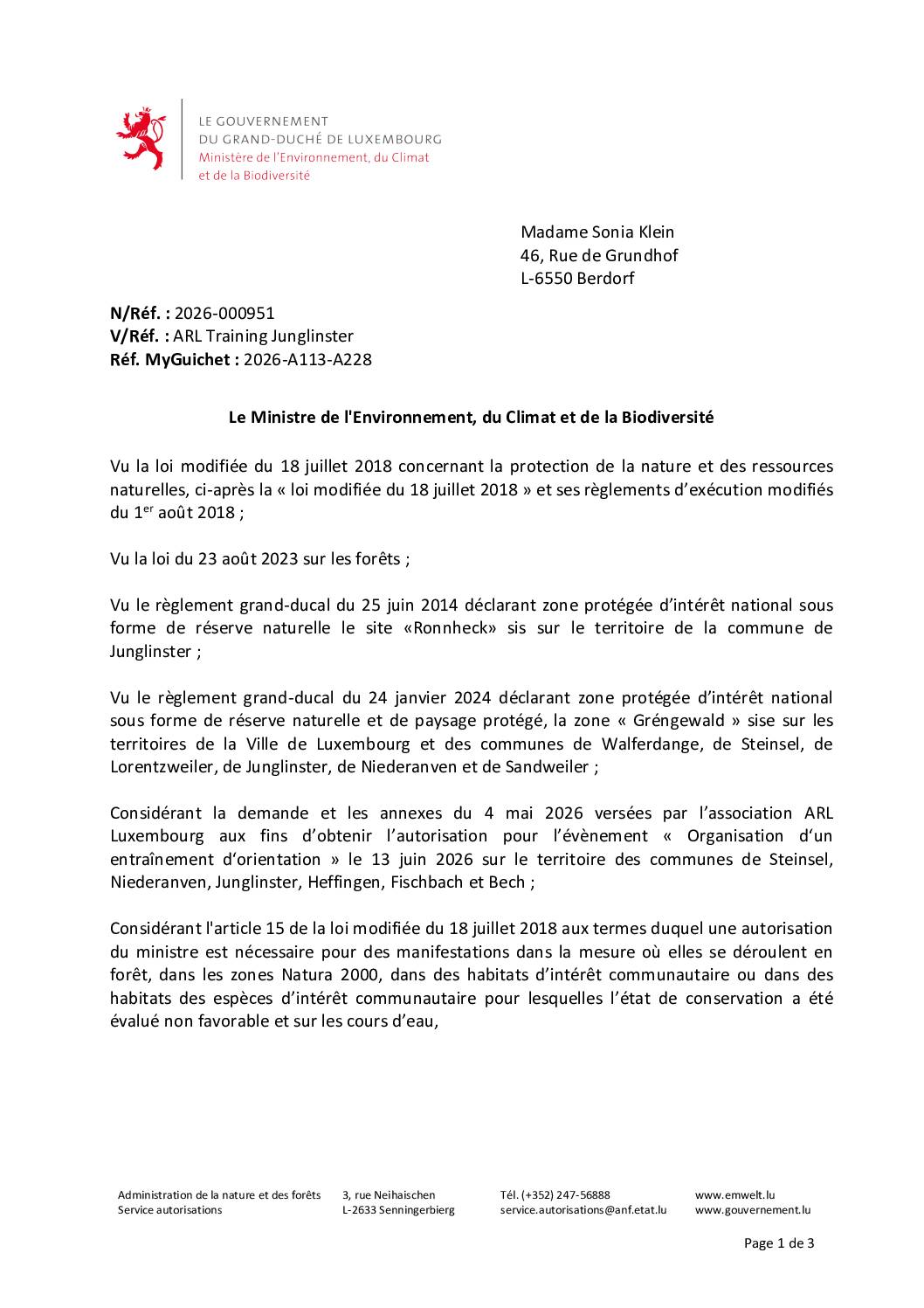Autorisation pour l'organisation d'un entraînement d'orientation