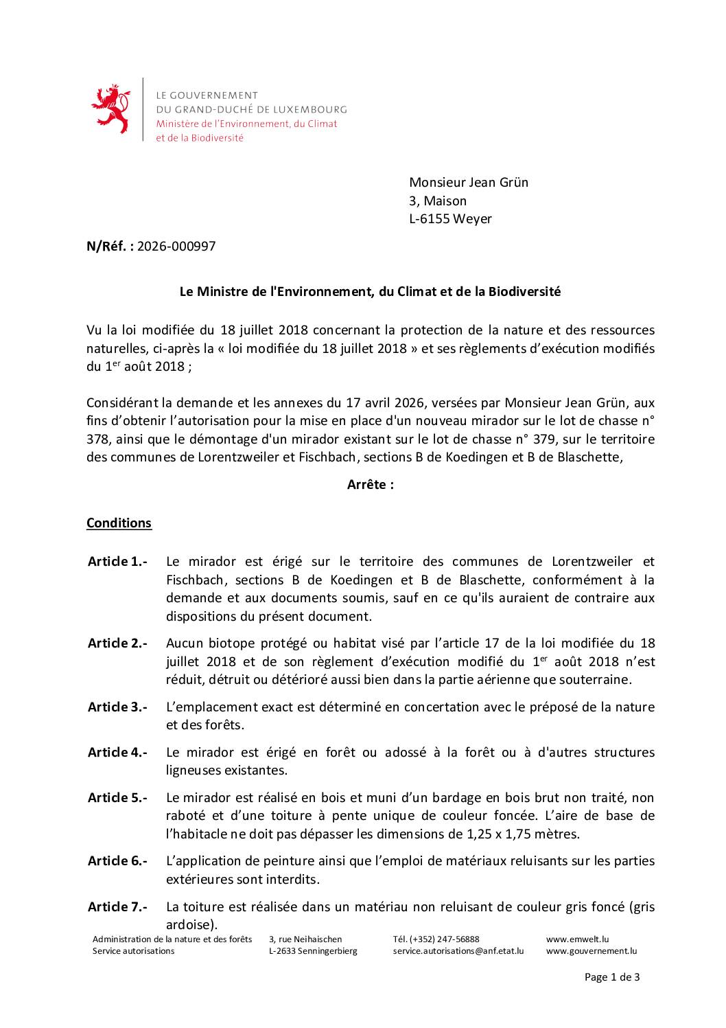 Autorisation pour un nouveau mirador de chasse à Koedange