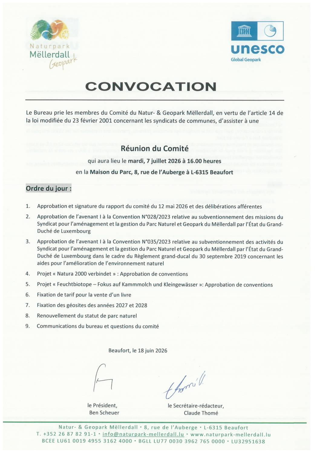 Convocation Naturpark Mëllerdall en date du 7 juillet 2026