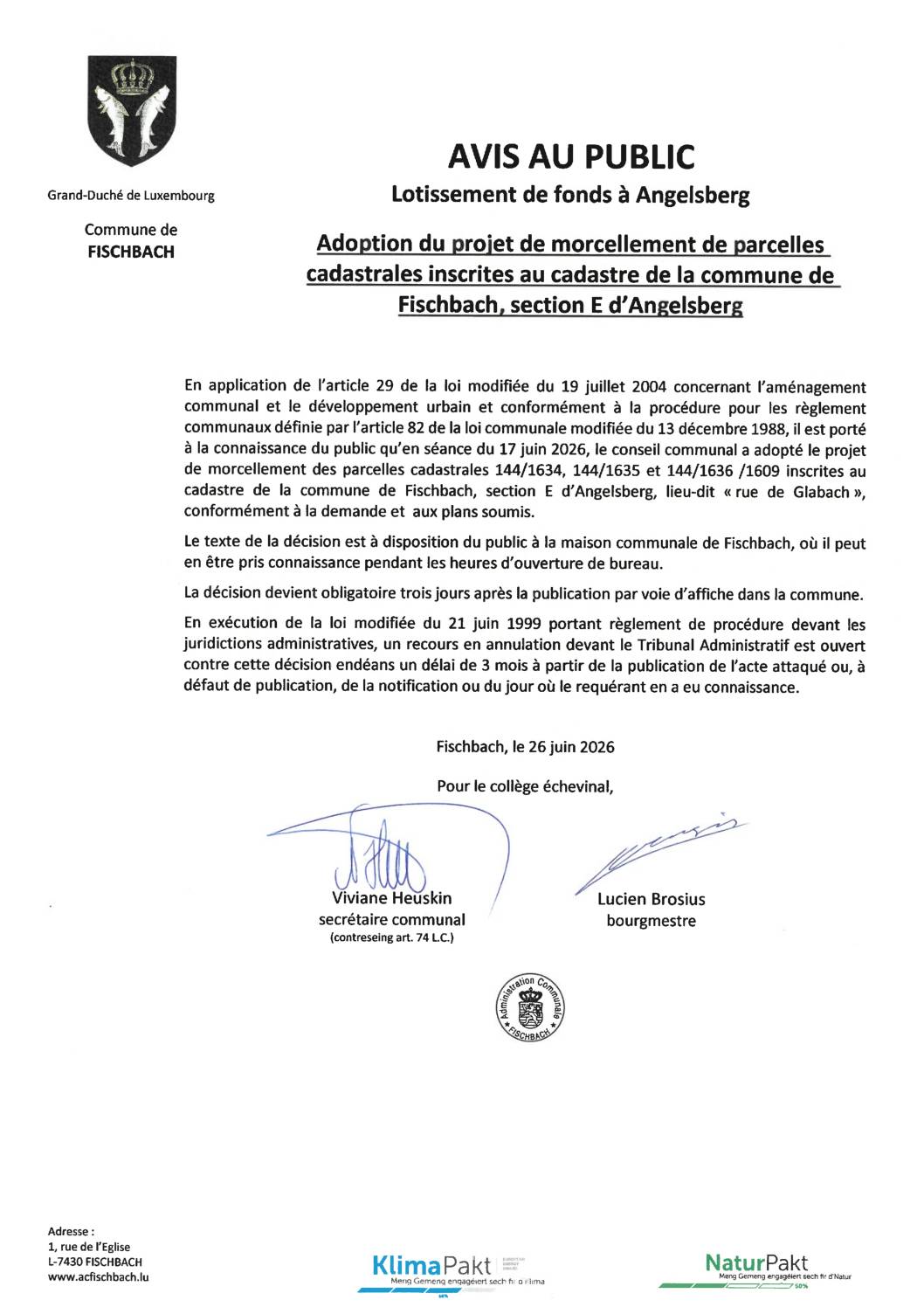 Adoption d'un projet de morcellement de parcelles cadastrales à Angelsberg