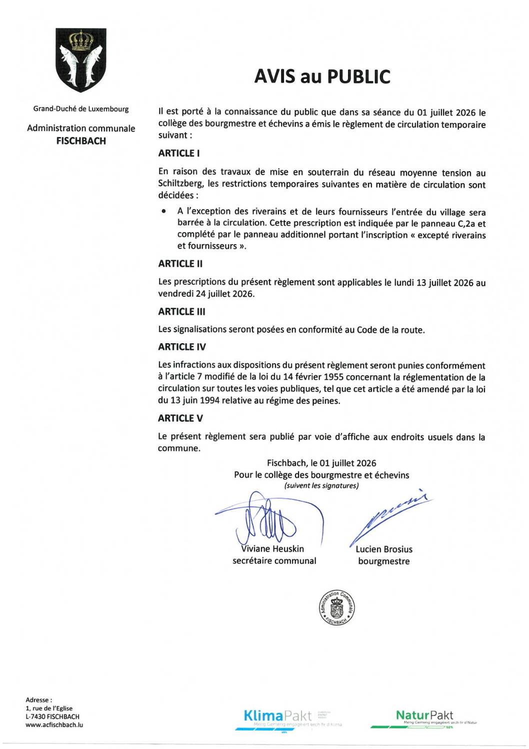 Règlement de circulation Schiltzberg