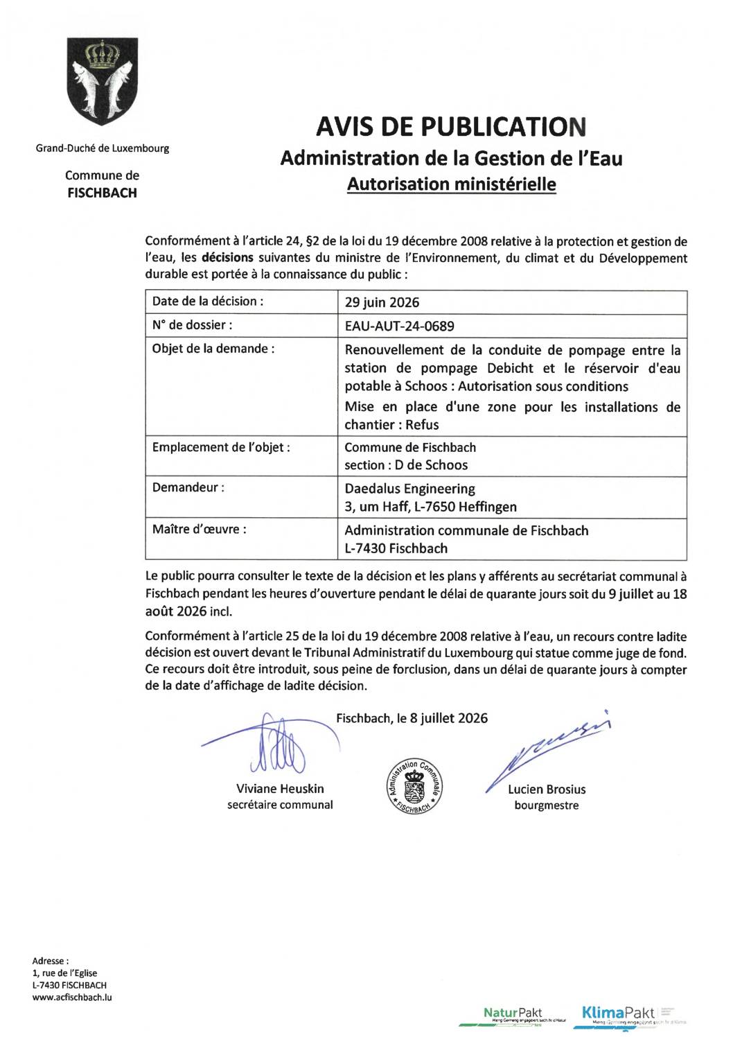 renouvellement de la conduite de pompage entre la station de pompage Dbicht et le réservoir d'eau potable à Schoos