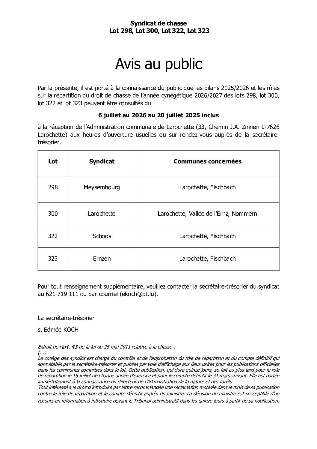 Avis lots de chasse 298, 300, 322, 323
