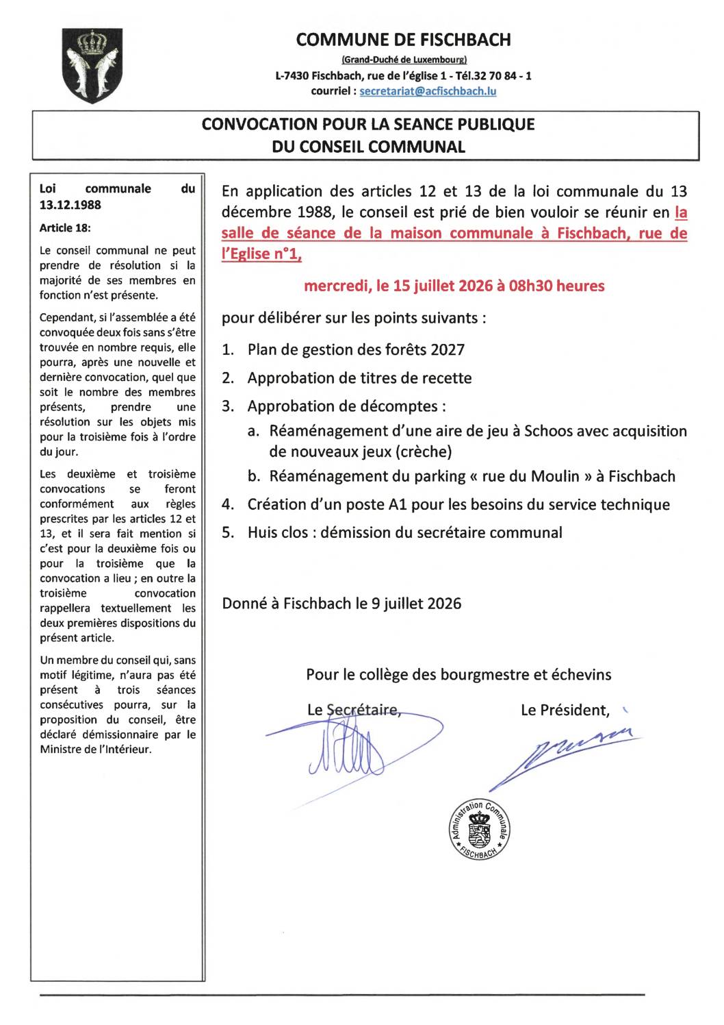 Conseil Communal du 15 juillet 2026