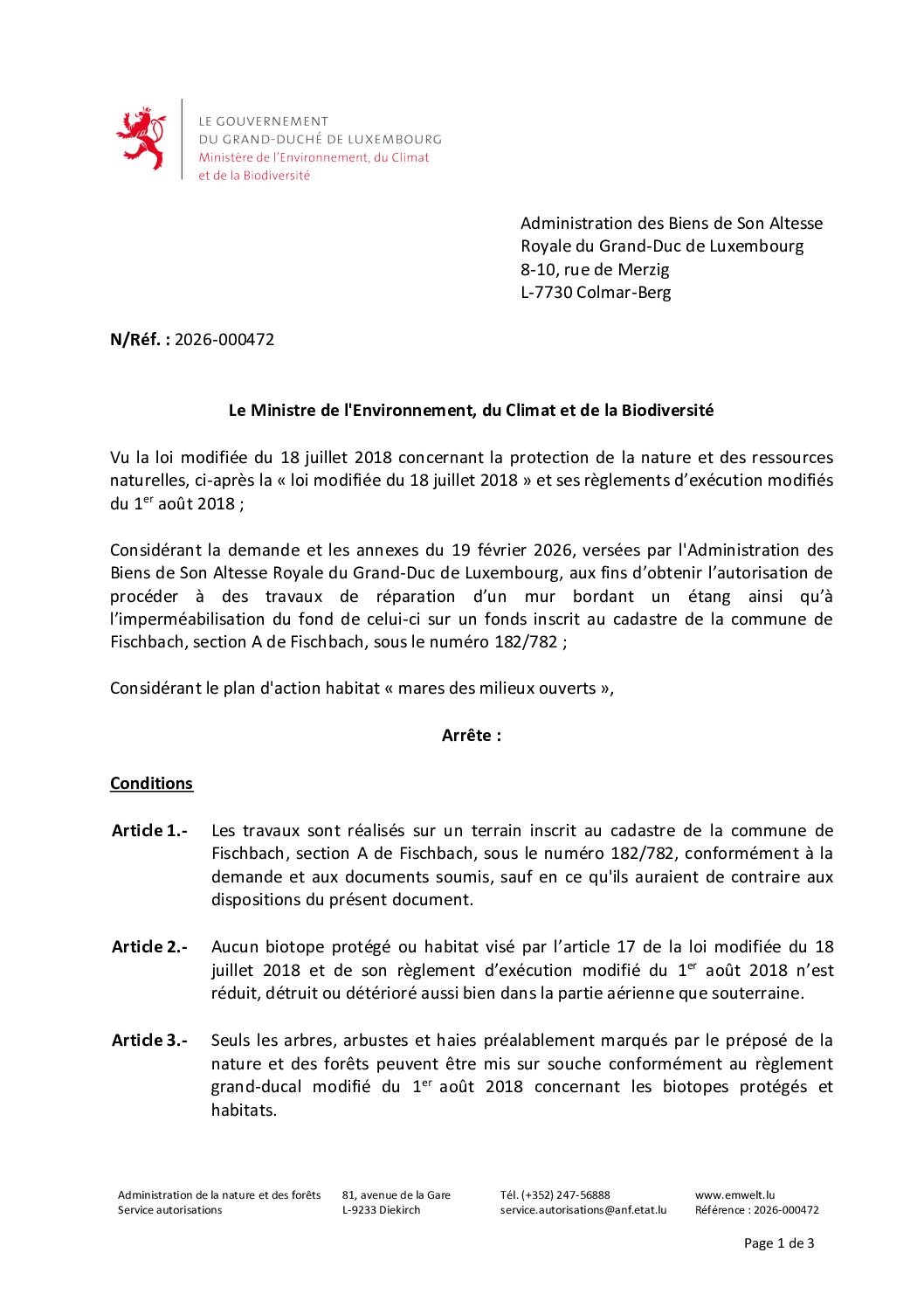 Autorisation de procéder à des travaux de réparation d’un mur bordant un étang à Fischbach