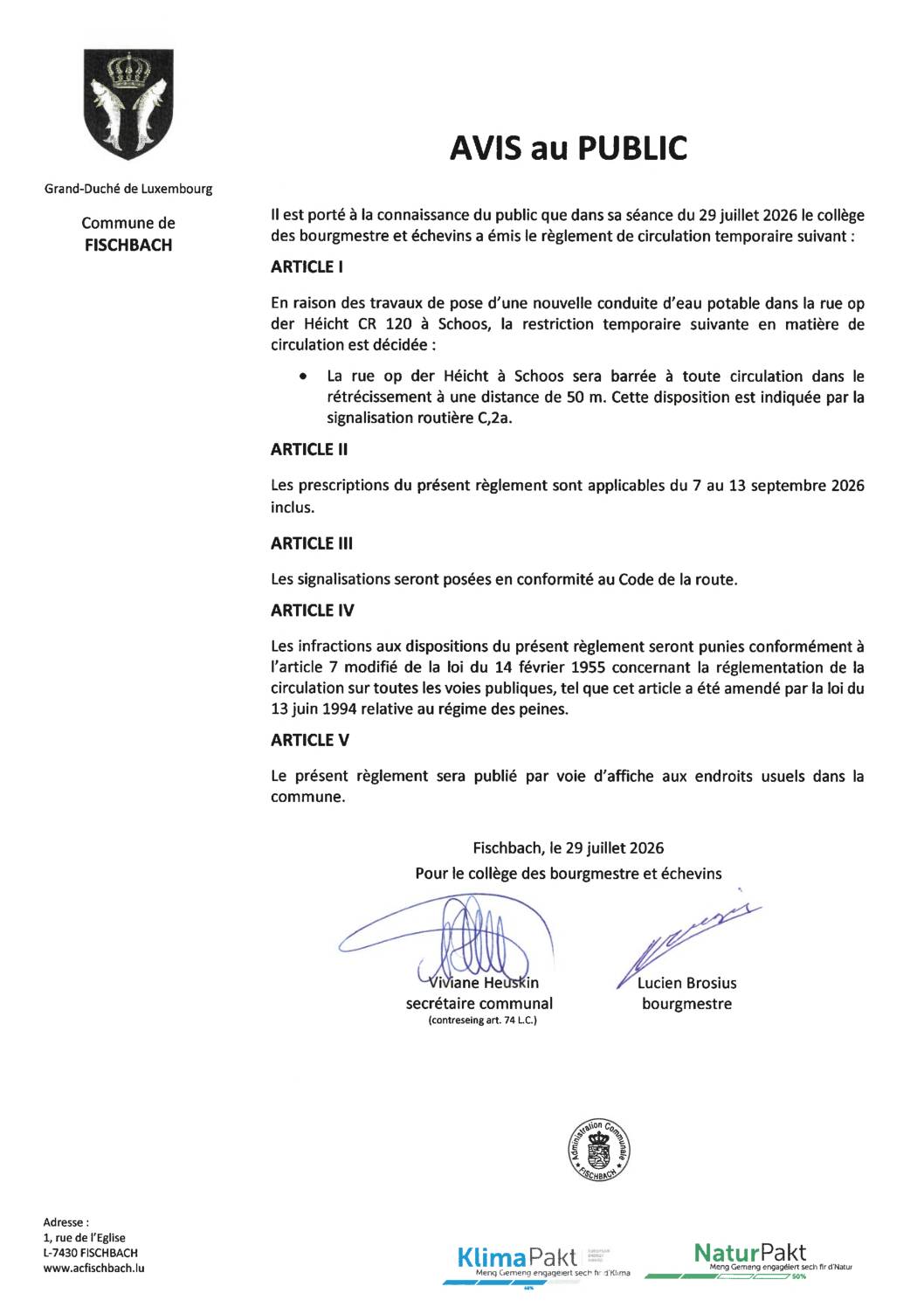 Règlement de circulation temporaire à Schoos - op der Héicht