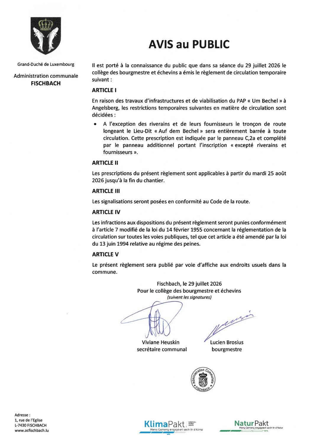Règlement de circulation temporaire à Angelsberg - um Bechel