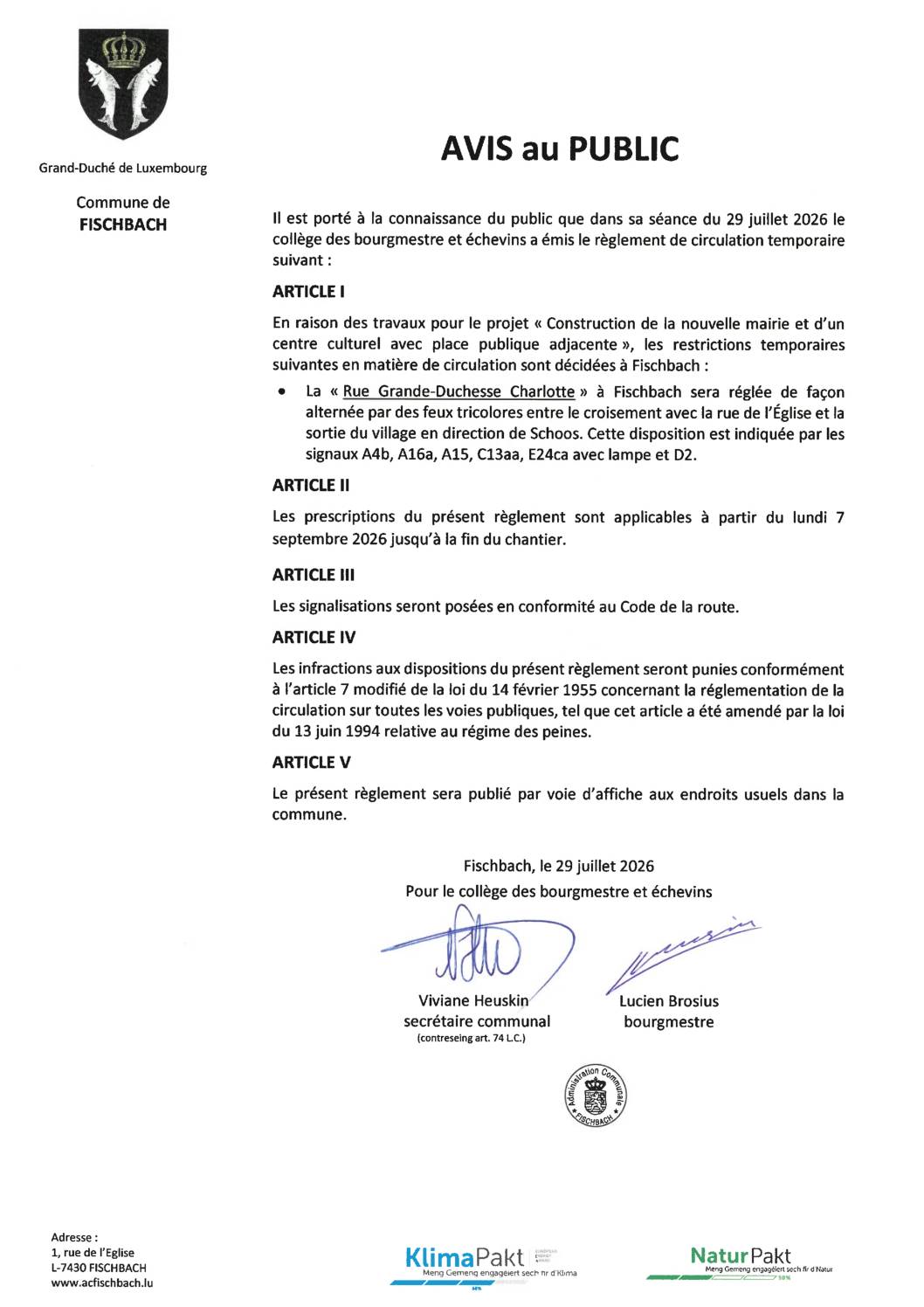 Règlement de circulation temporaire à Fischbach - rue Grande-Duchesse Charlotte