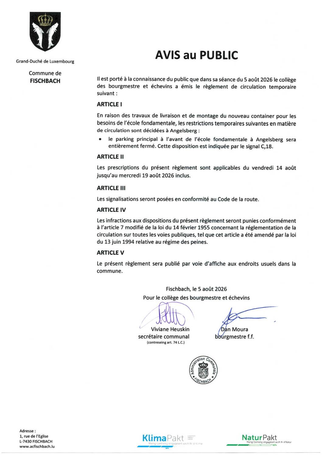 Règlement de circulation temporaire à Angelsberg - parking école