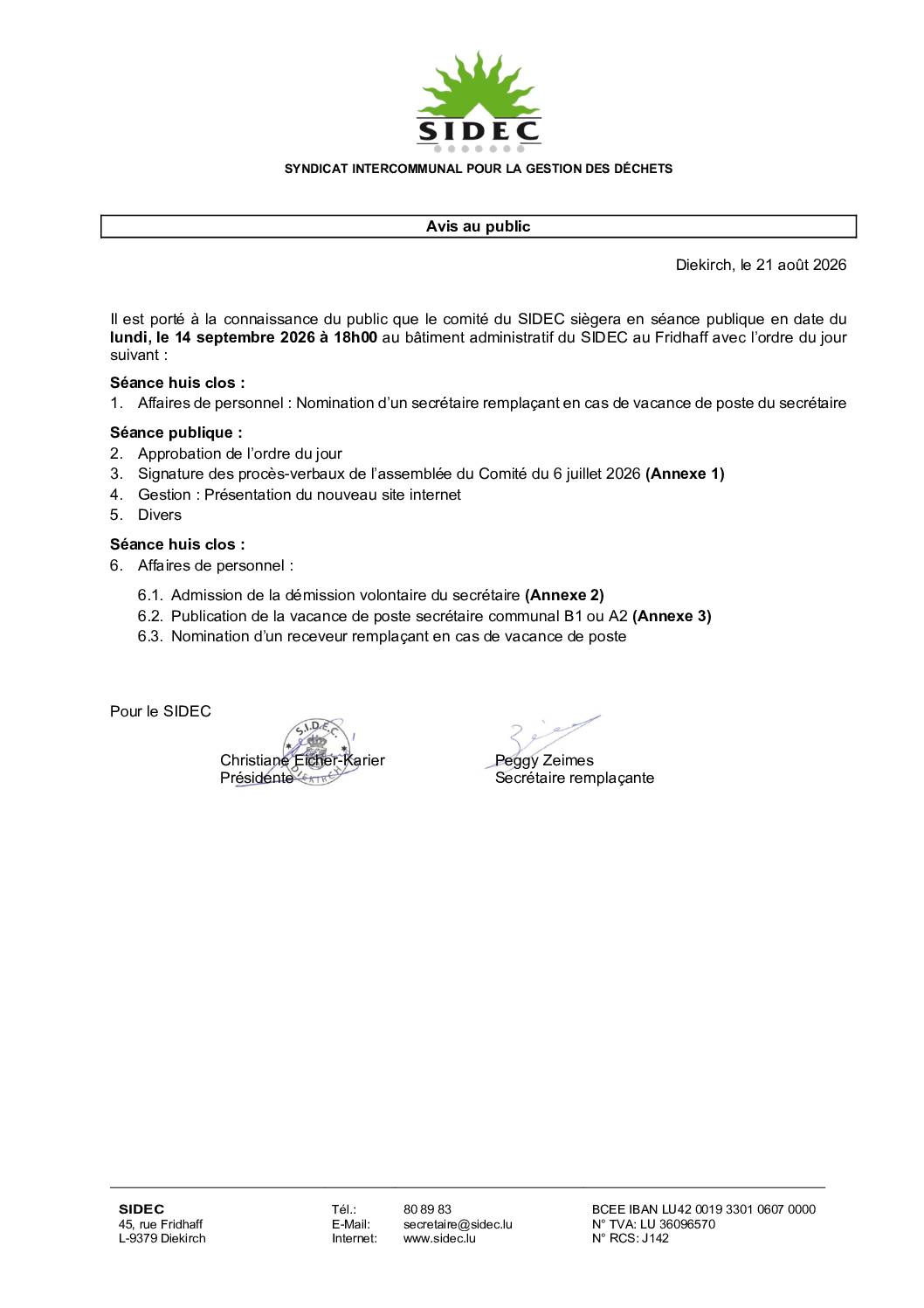 Assemblée du Comité syndical du SIDEC du 14 septembre 2026