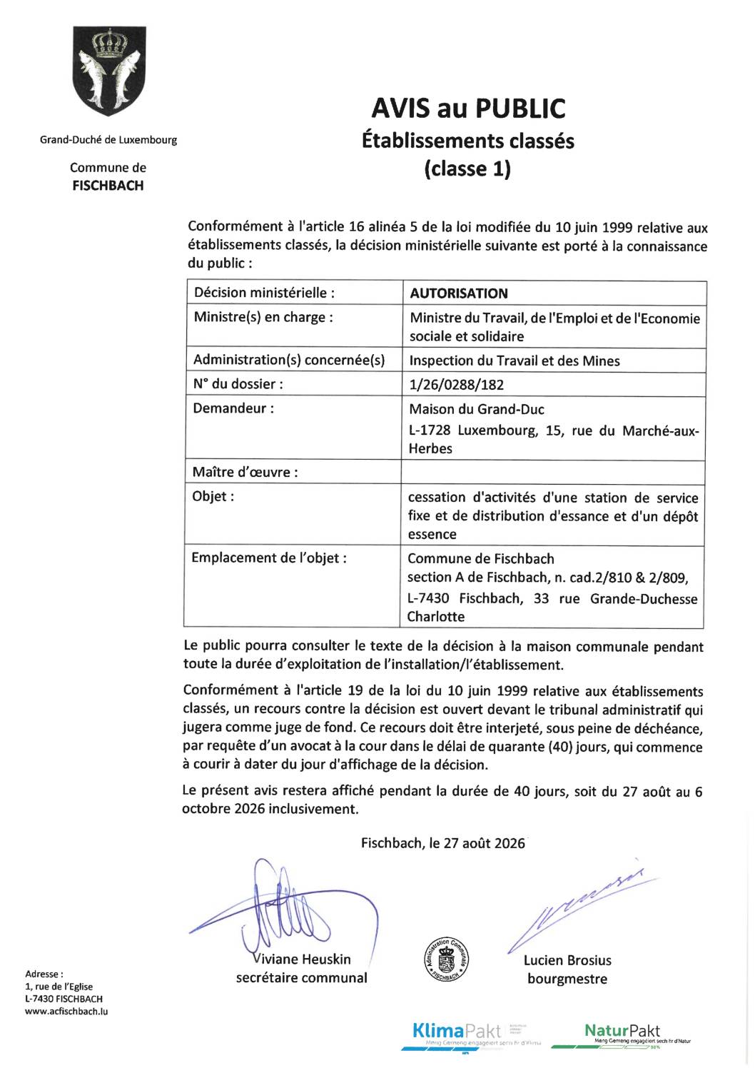 ITM Cessation activitées d'une station de service à Fischbach