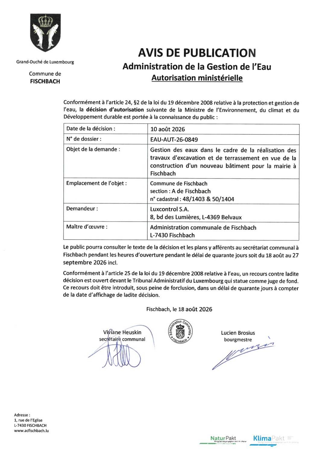 Autorisation pour la gestion des eaux en vue de la construction d'une nouveau bâtiment pour la mairie à Fischbach