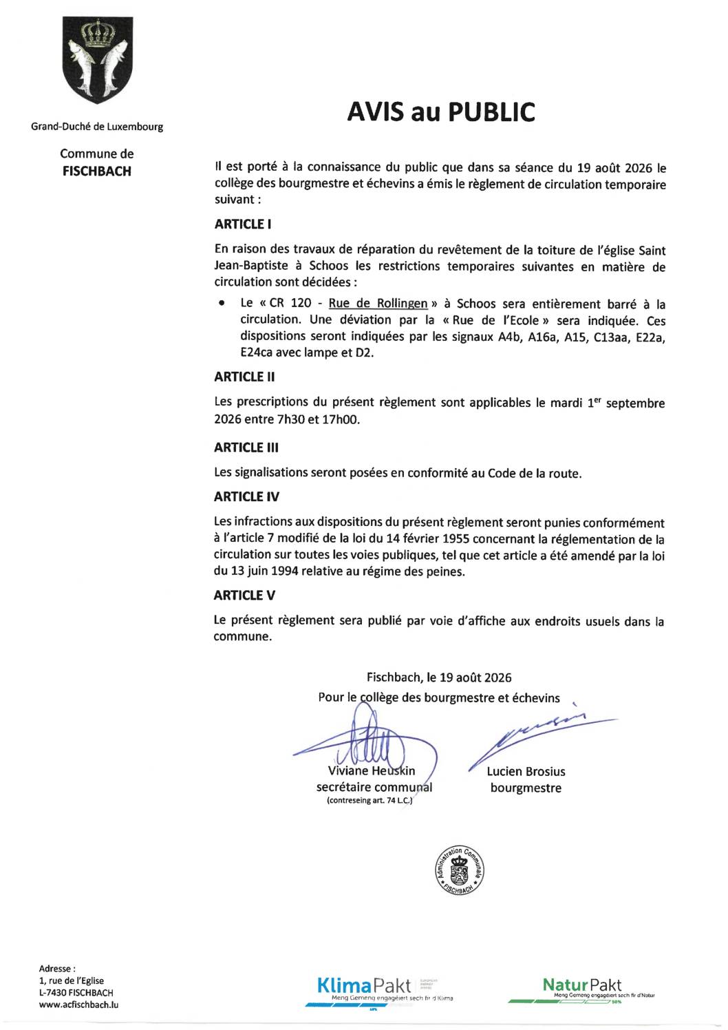 Règlement de circulation temporaire rue de Rollingen à Schoos