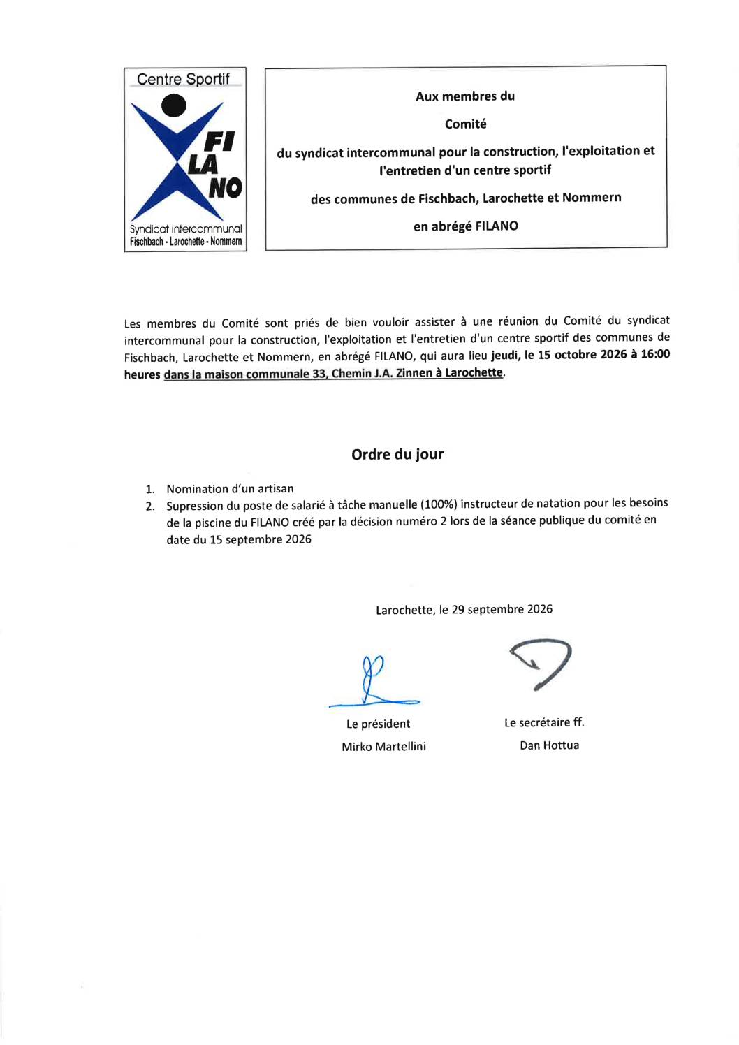 FILANO Comité du 15 octobre 2026