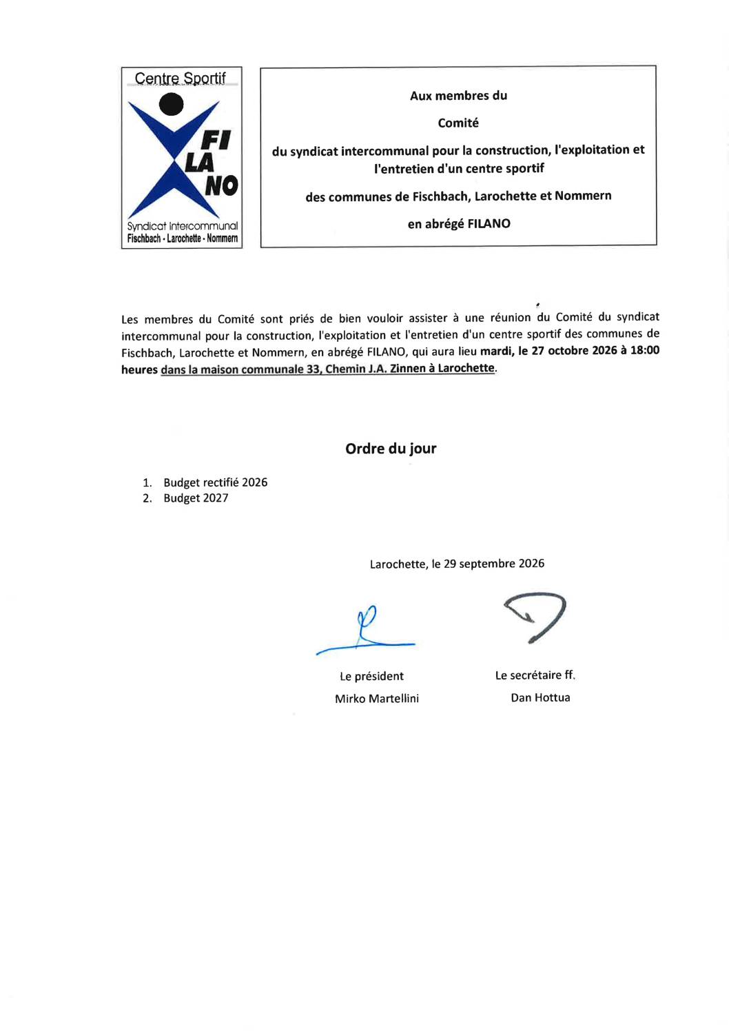 FILANO comité du 27 octobre 2026