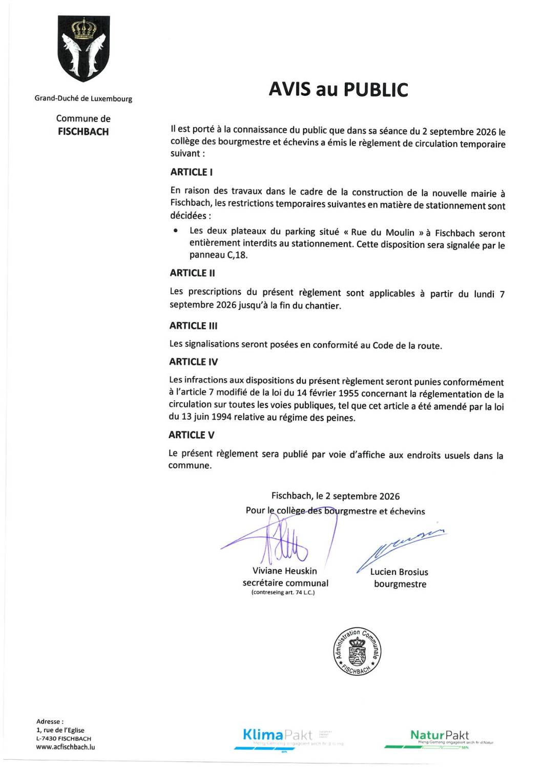 Règlement de circulation temporaire à Fischbach - parking Rue du Moulin