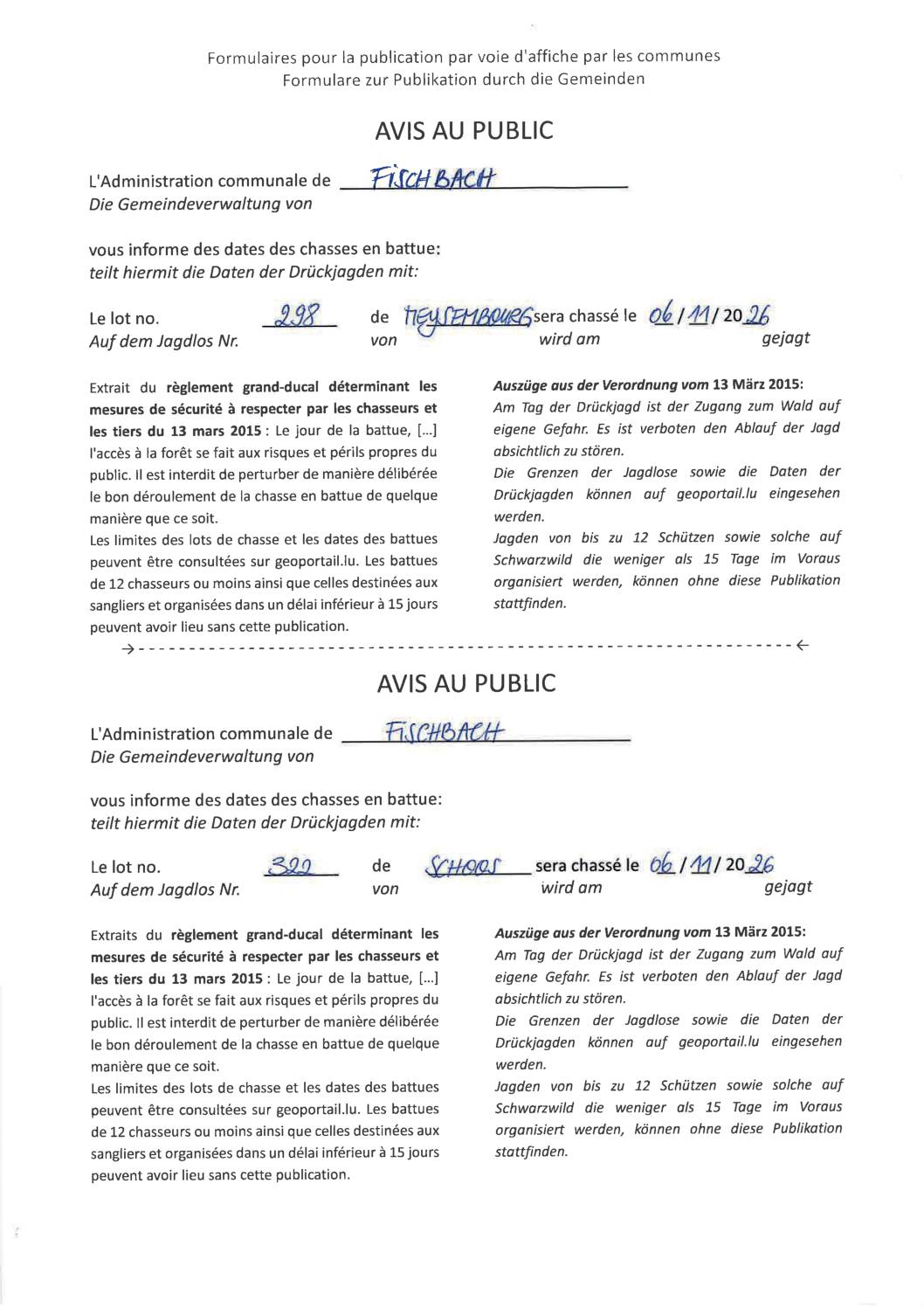Avis lots de chasse 298 et 322