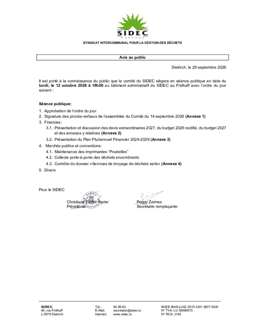 Assemblée du Comité du SIDEC en date du 12 octobre 2026 à 18h00