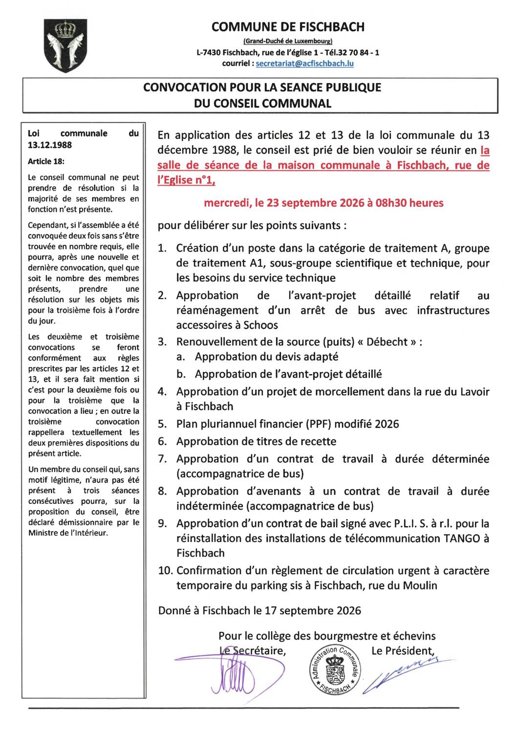 Séance publique du conseil communal