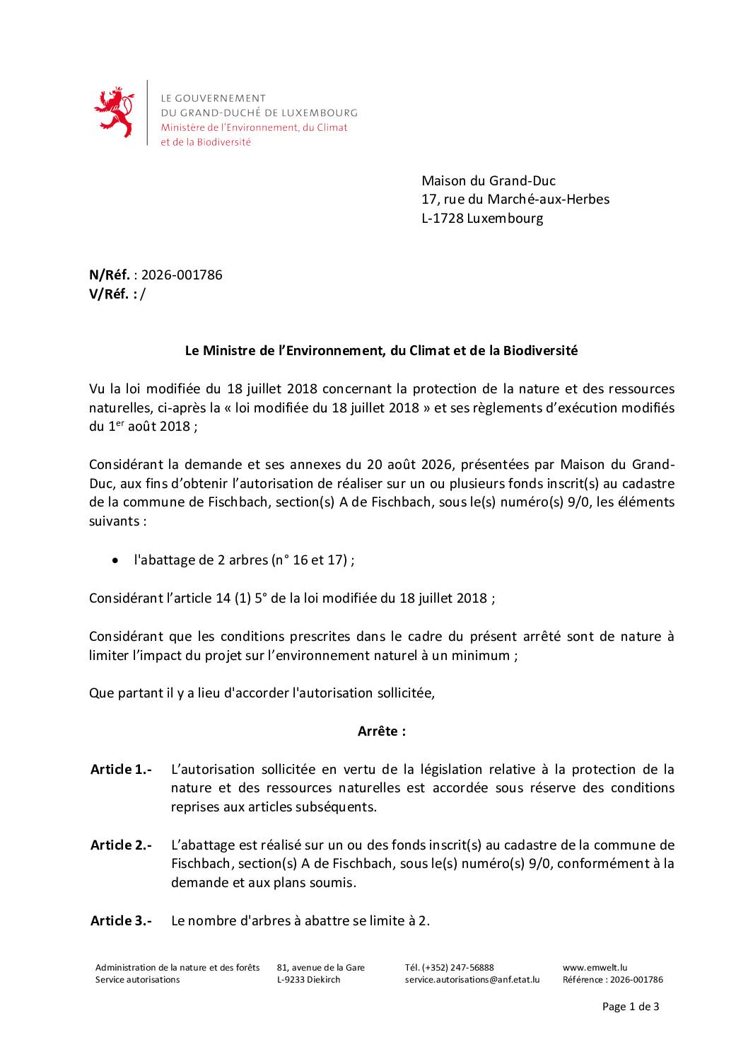 Autorisation pour l'abattage de 2 arbres à Fischbach