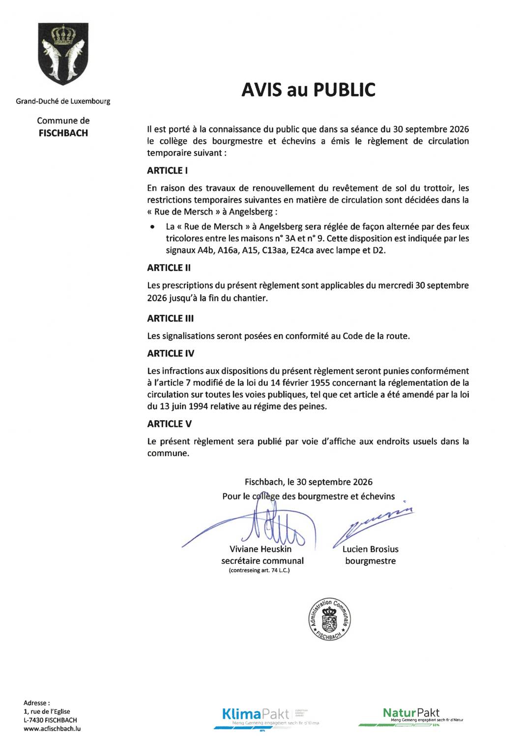 Règlement de circulation d'urgence à Angelsberg