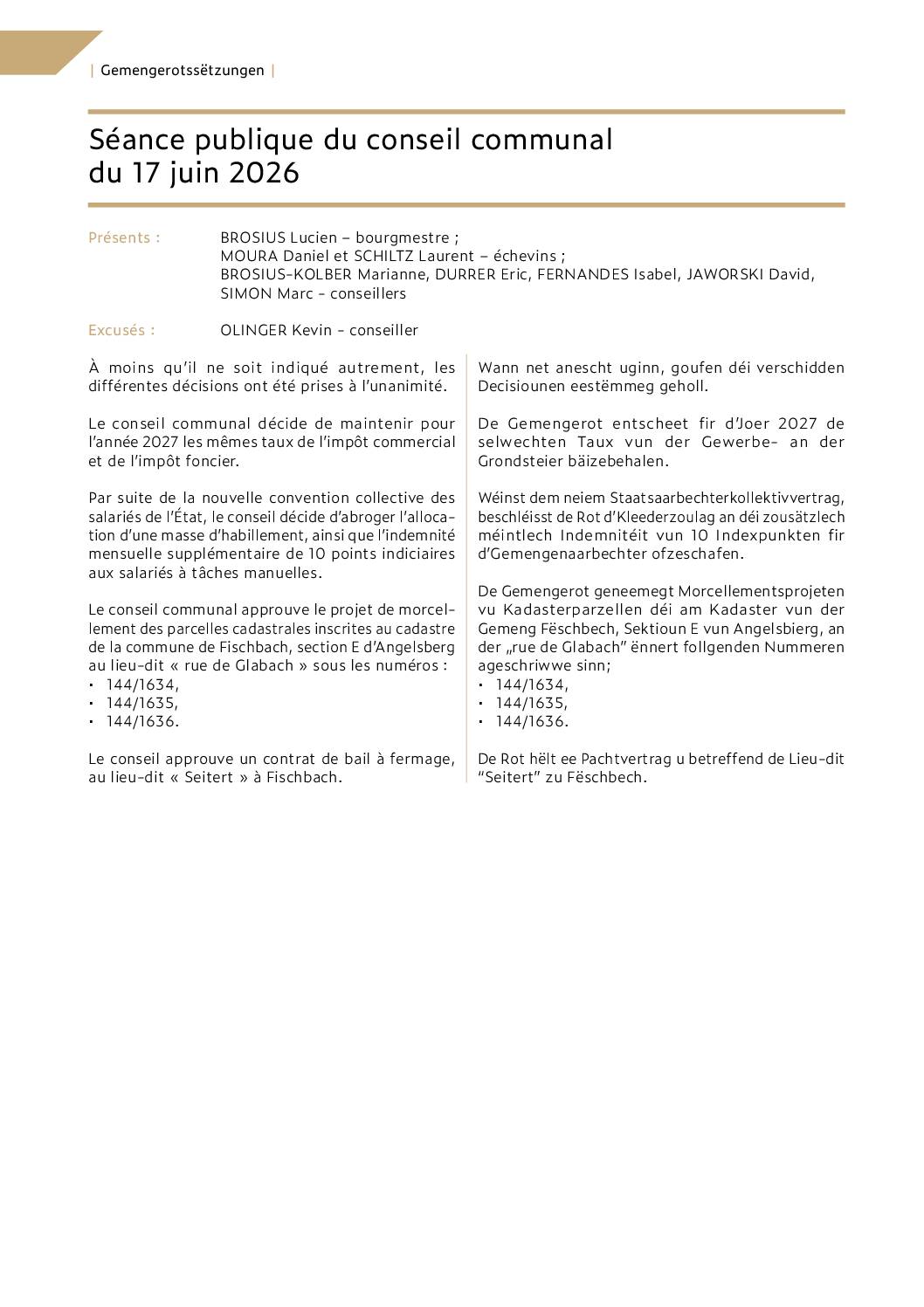 Séance publique du conseil communal du 17 juin 2026