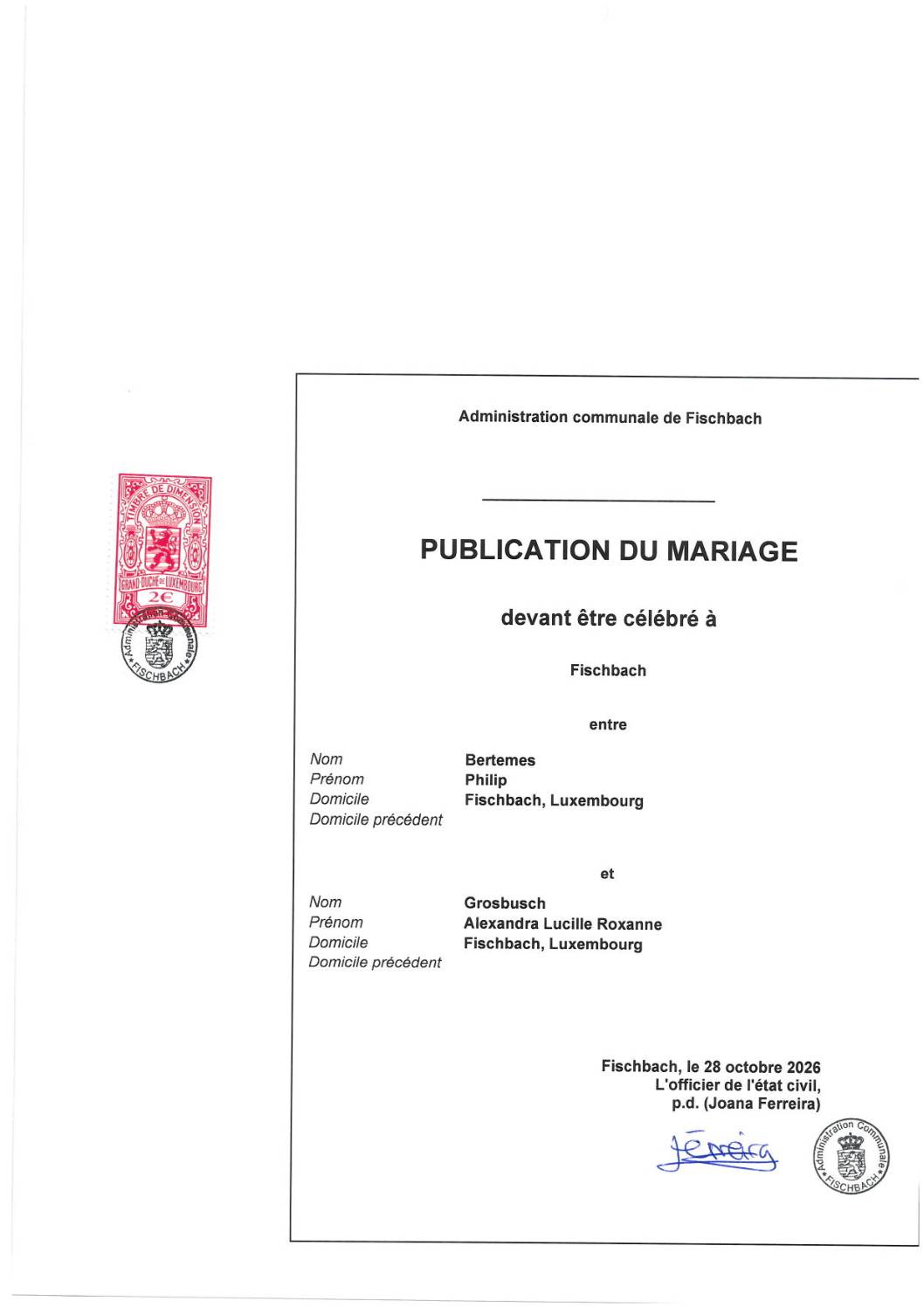 Publication du mariage Bertemes - Grosbusch