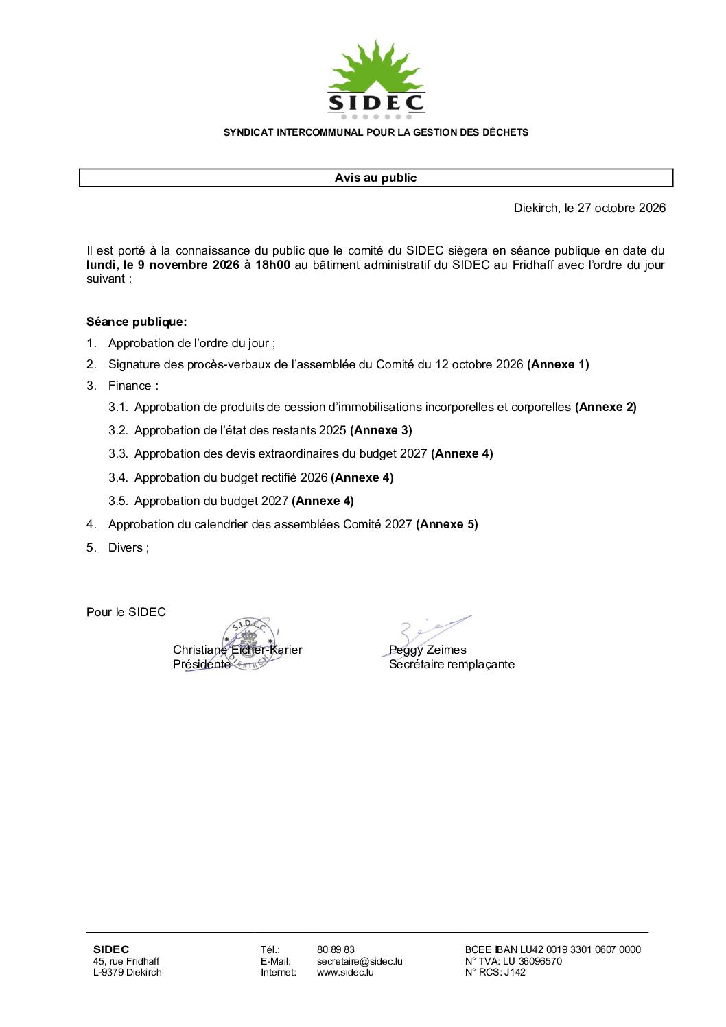 Assemblée du comité du SIDEC du 9 novembre 2026