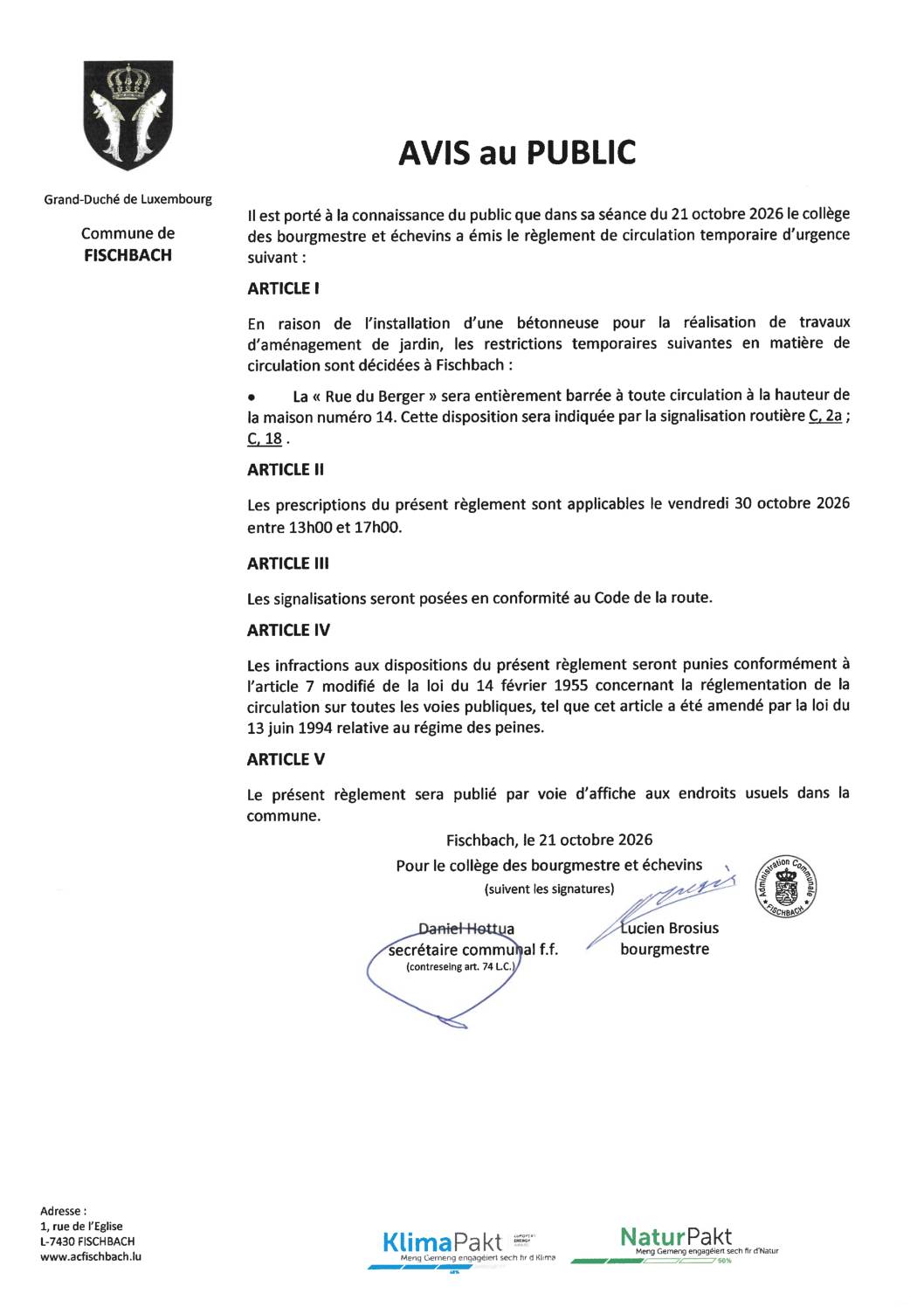 Règlement de circulation temporaire à Fischbach – Rue du Berger