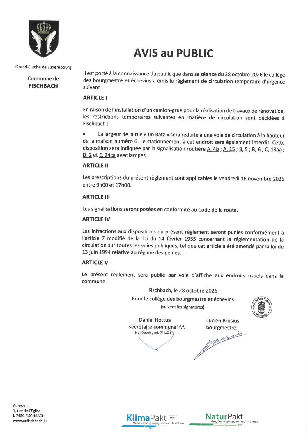 Règlement de circulation temporaire Im Batz